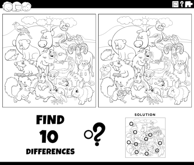 Differences game with animal characters coloring page
