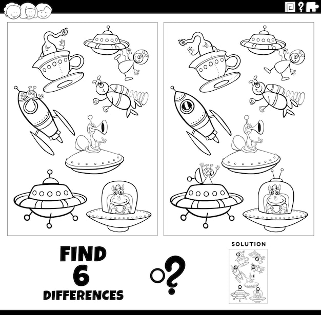 Differences game with cartoon aliens coloring page