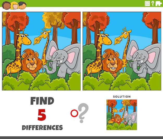 Differences game with cartoon animal characters