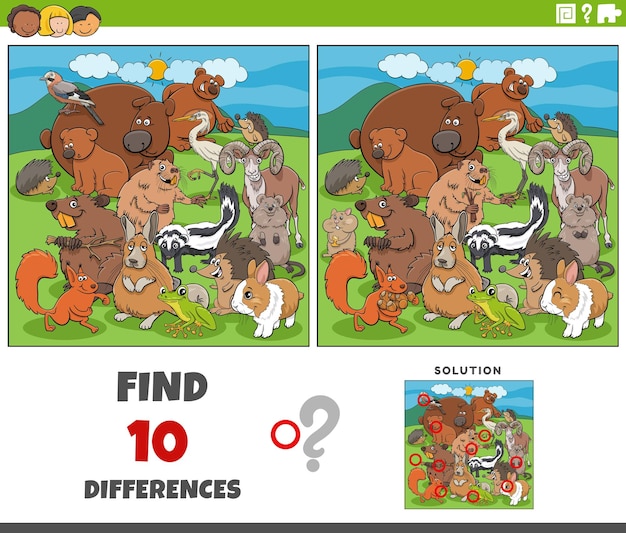 Differences game with cartoon animal characters