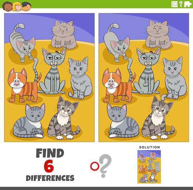 Differences game with cartoon cats animal characters