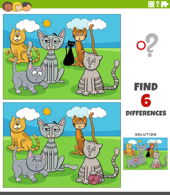 Differences game with cartoon cats animal characters