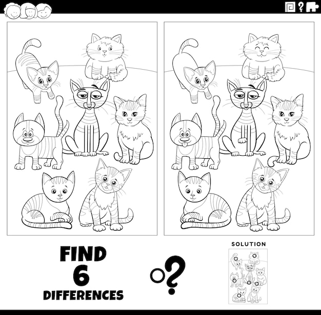 Differences game with cartoon cats coloring page