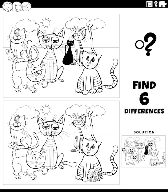 Differences game with cartoon cats coloring page