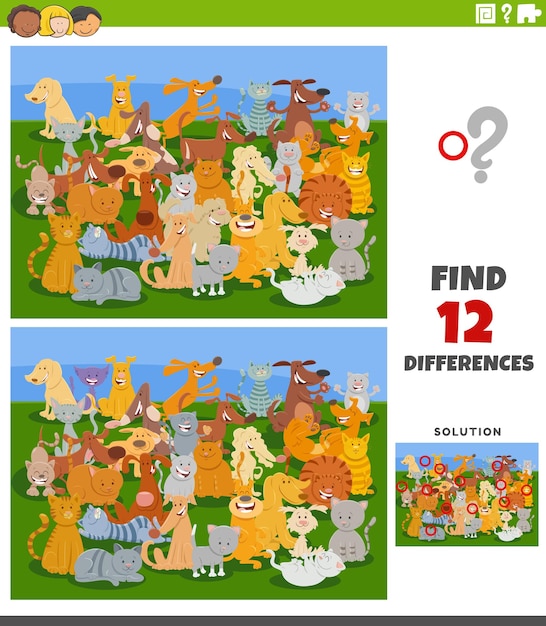 Differences game with cartoon cats and dogs characters