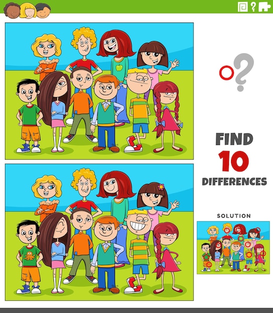 Differences game with cartoon children or teens coloring page