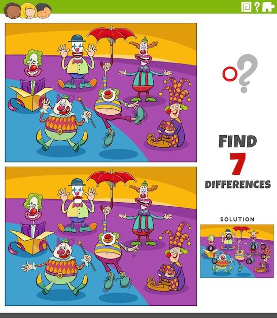 Differences game with cartoon clowns characters