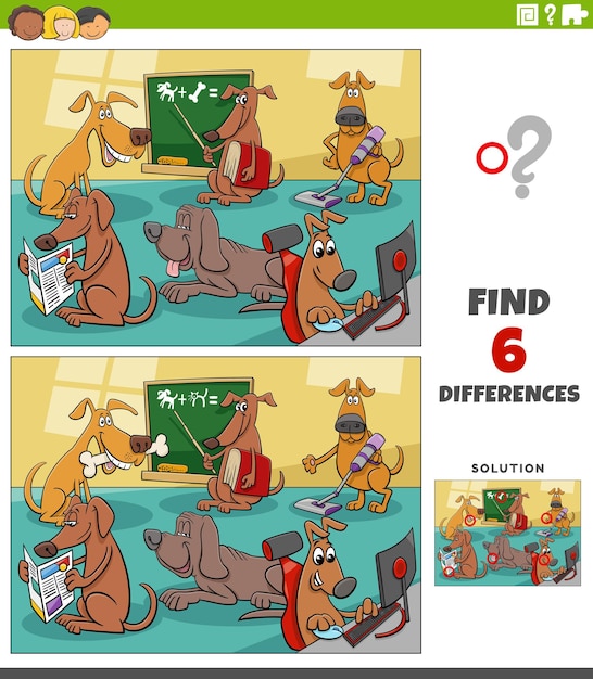 Differences game with cartoon dogs animal characters