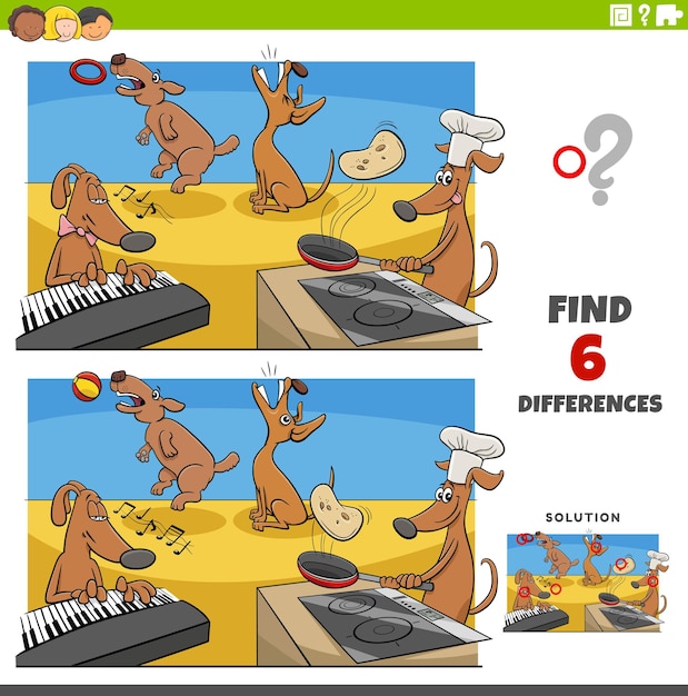 Differences game with cartoon dogs animal characters