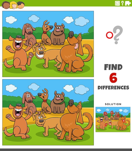 Differences game with cartoon dogs animal characters