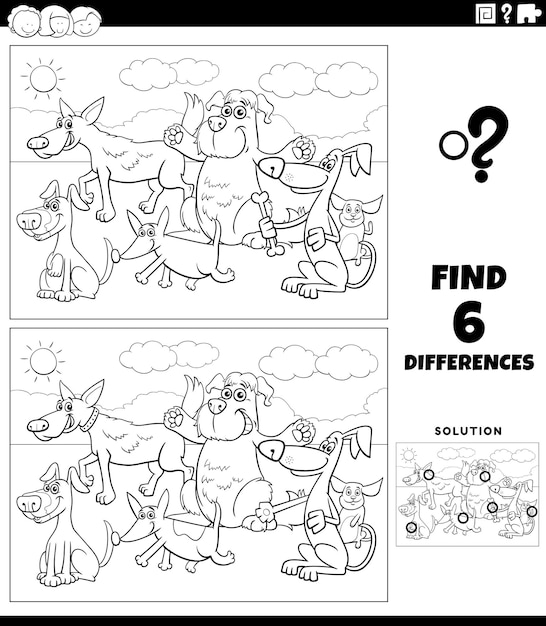 Differences game with cartoon dogs coloring page