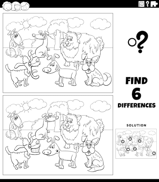 Differences game with cartoon dogs group coloring page