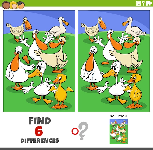 Differences game with cartoon ducks farm animal characters