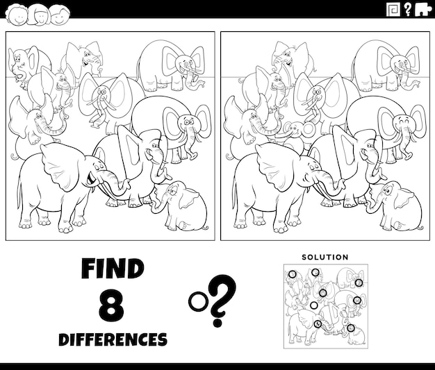 Gioco delle differenze con la pagina da colorare degli elefanti dei cartoni animati