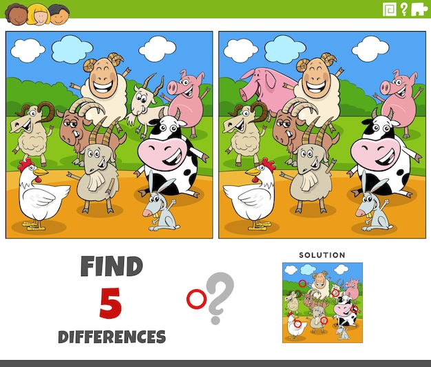 Differences game with cartoon farm animal characters