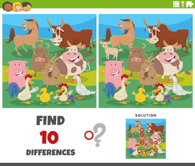 Differences game with cartoon farm animal characters