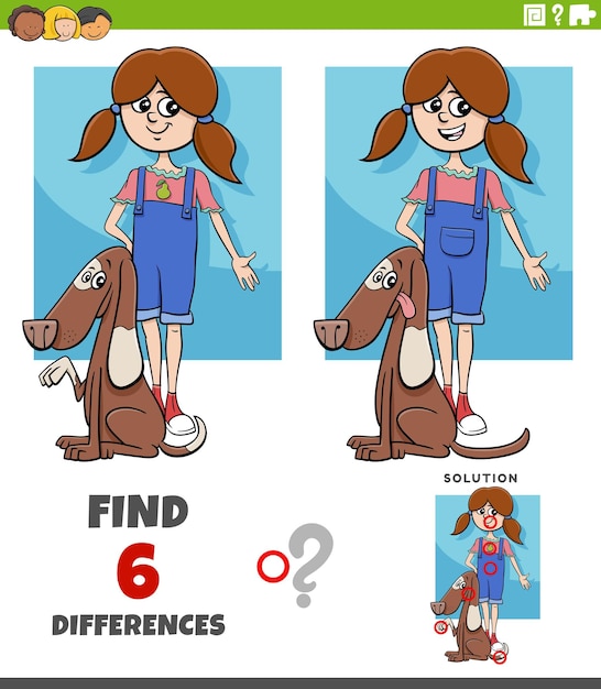 Differences game with cartoon girl and her dog