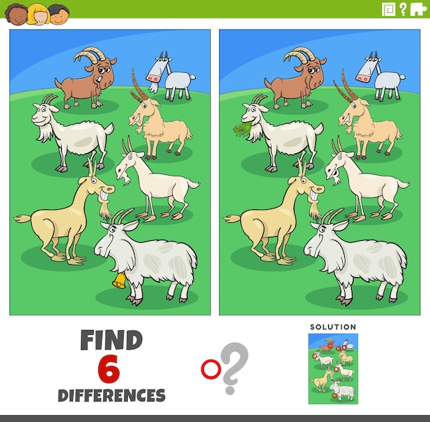 Differences game with cartoon goats farm animal characters