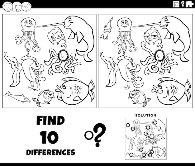 Differences game with cartoon marine animals coloring page