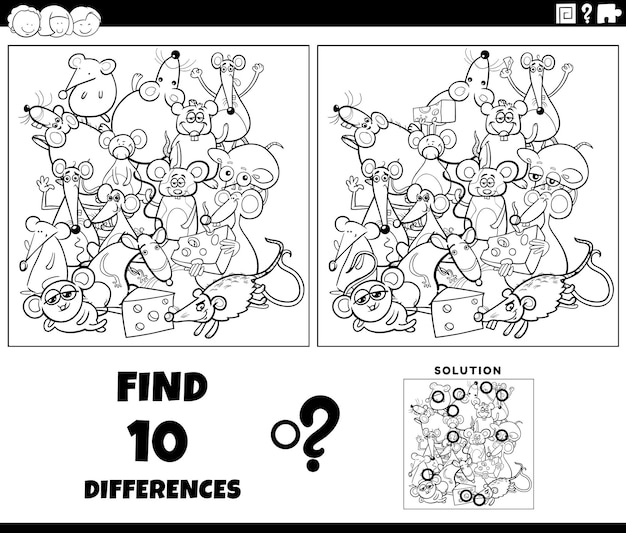 Gioco delle differenze con la pagina da colorare dei topi dei cartoni animati