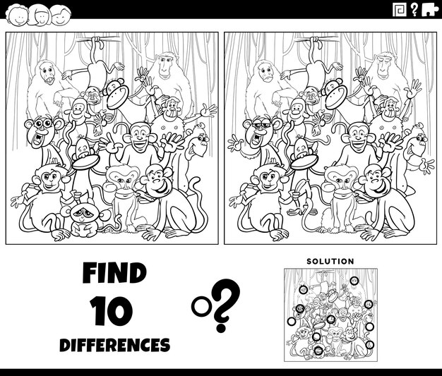 Differences game with cartoon monkeys coloring page