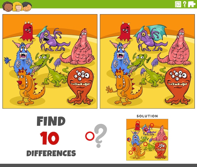 Vector differences game with cartoon monsters fantasy characters