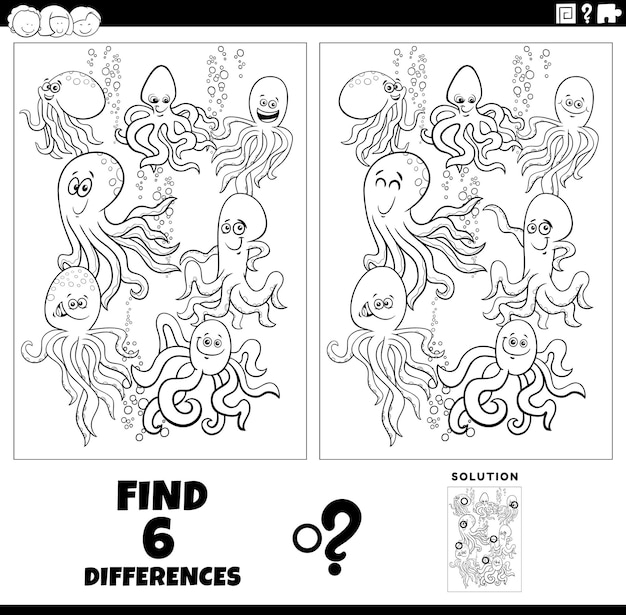 Differences game with cartoon octopus coloring page