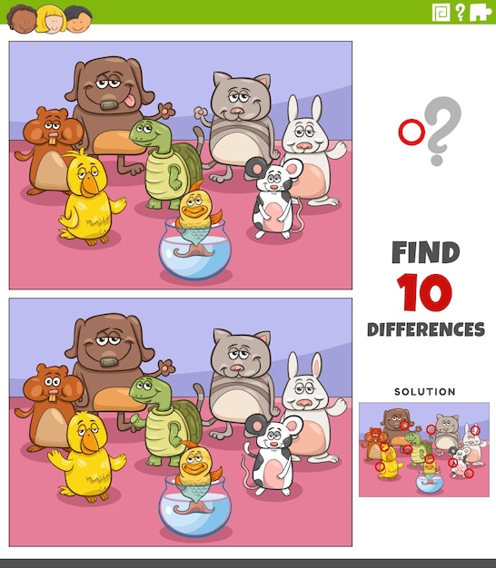 Differences game with cartoon pets animal characters