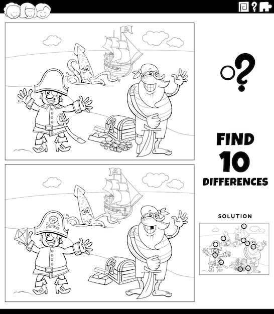 Differences game with cartoon pirates coloring page