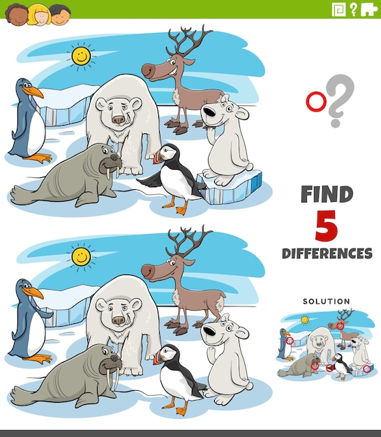 Differences game with cartoon polar animal characters