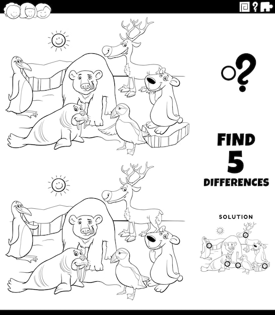 Differences game with cartoon polar animals coloring page