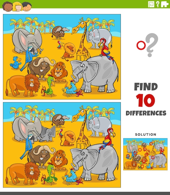 Gioco delle differenze con i personaggi degli animali di safari dei cartoni animati
