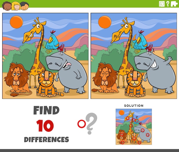 Differences game with cartoon Safari animal characters