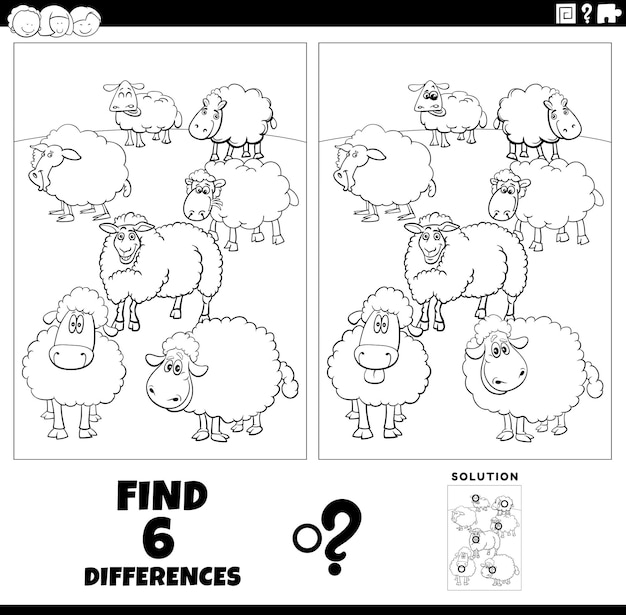 Differences game with cartoon sheep farm animals coloring page