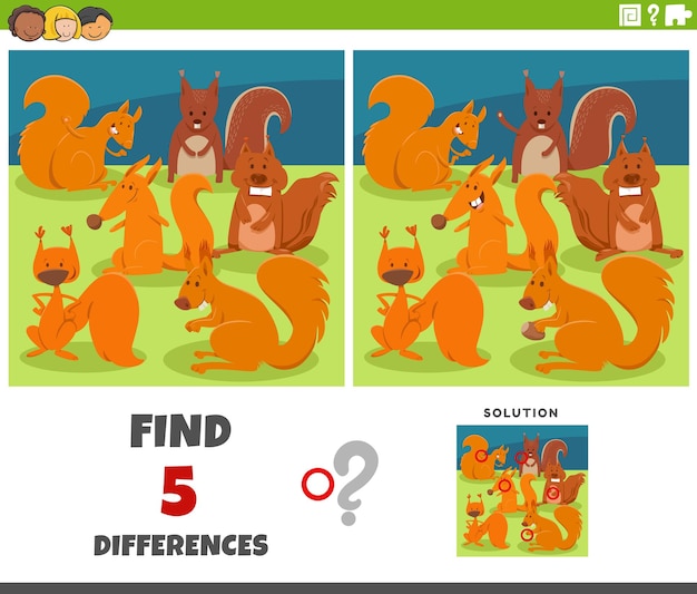 Differences game with cartoon squirrels animal characters