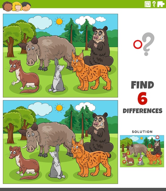 Differences game with cartoon wild animal characters