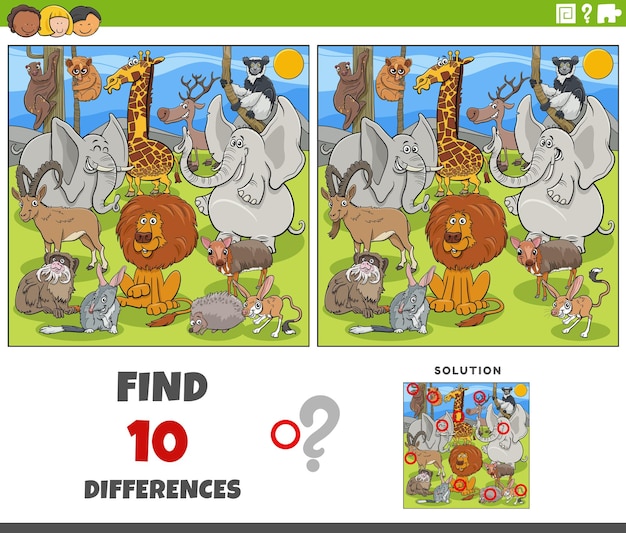 Vector differences game with cartoon wild animal characters