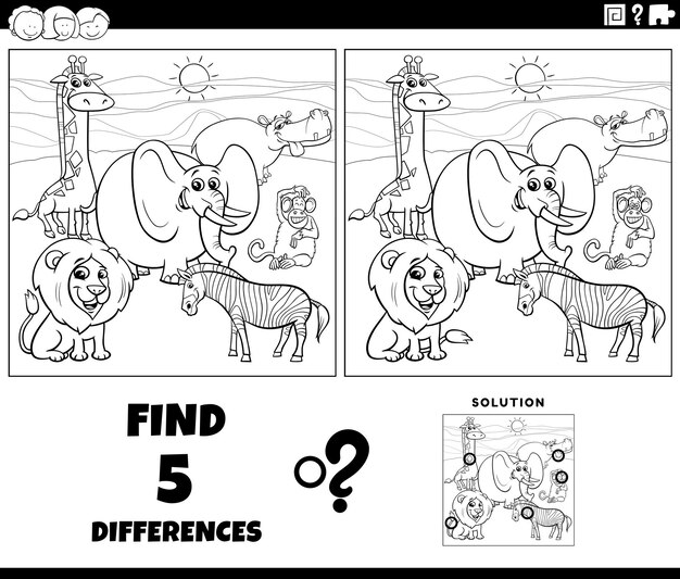 Differences game with cartoon wild animals coloring page