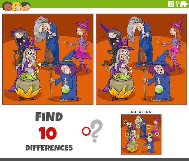 Differences game with cartoon witches fantasy characters