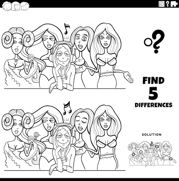 Gioco delle differenze con la pagina da colorare di donne comiche