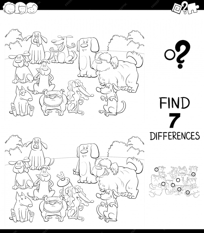 Premium Vector | Differences game with dogs color book