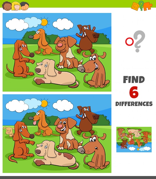 Differences game with dogs and puppies characters