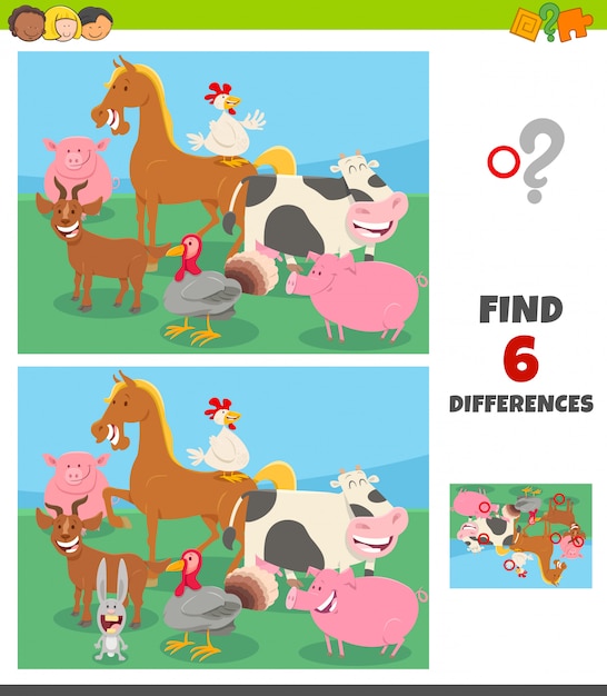 Differences game with farm animal characters group