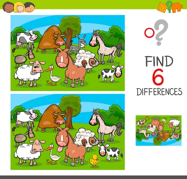 Differences game with farm animal characters