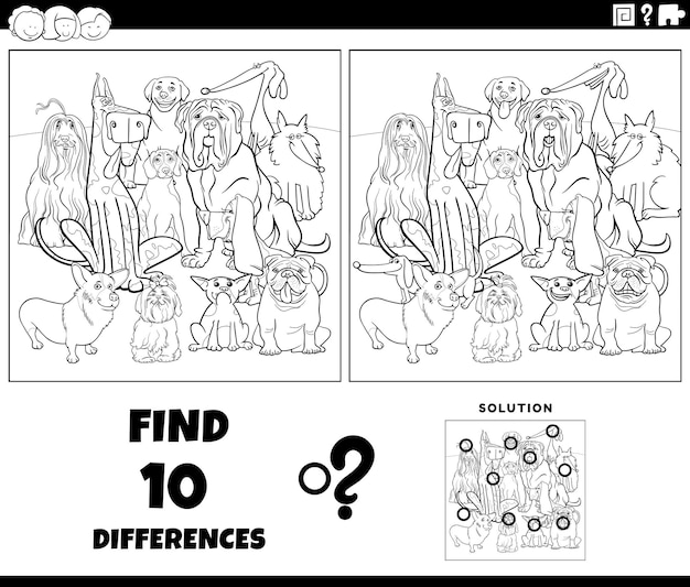 Differences game with purebred dogs coloring page