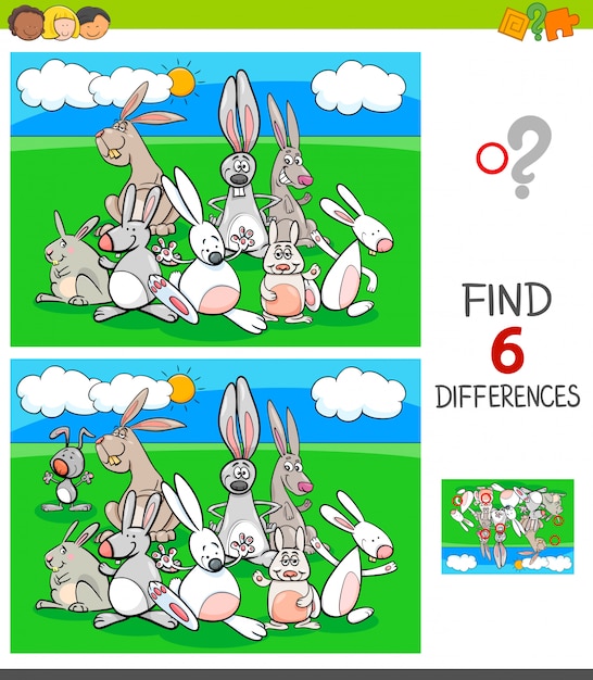 Differences game with rabbits animal characters