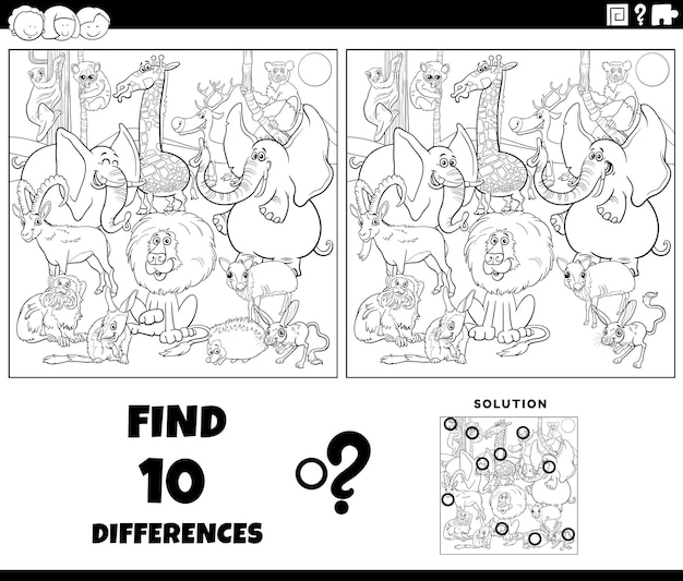 Differences game with wild animals coloring page