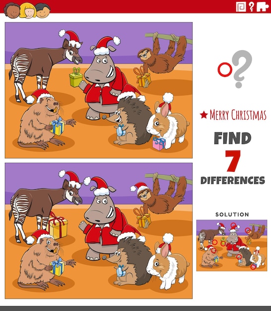 Differences task with animal characters on Christmas time
