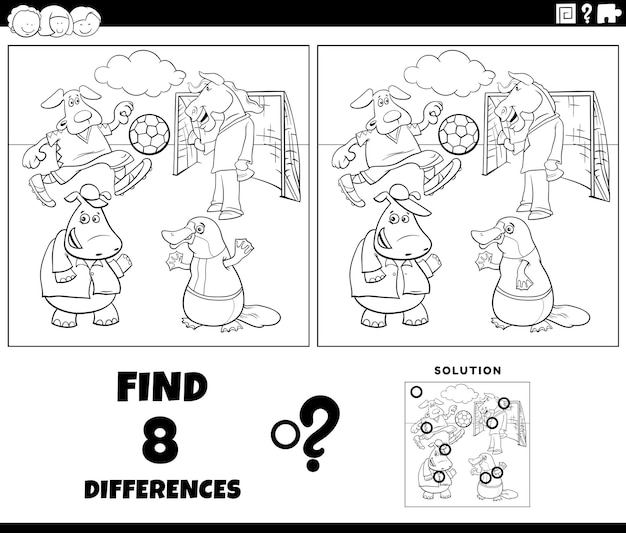 Differences task with animals playing soccer coloring page