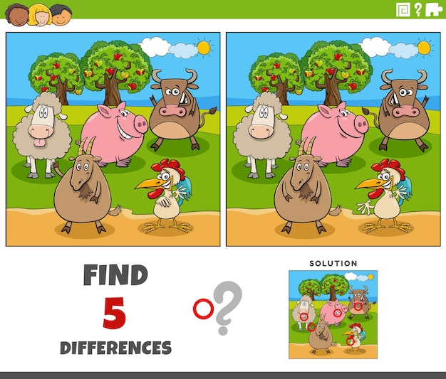 Differences task with cartoon farm animals in the meadow